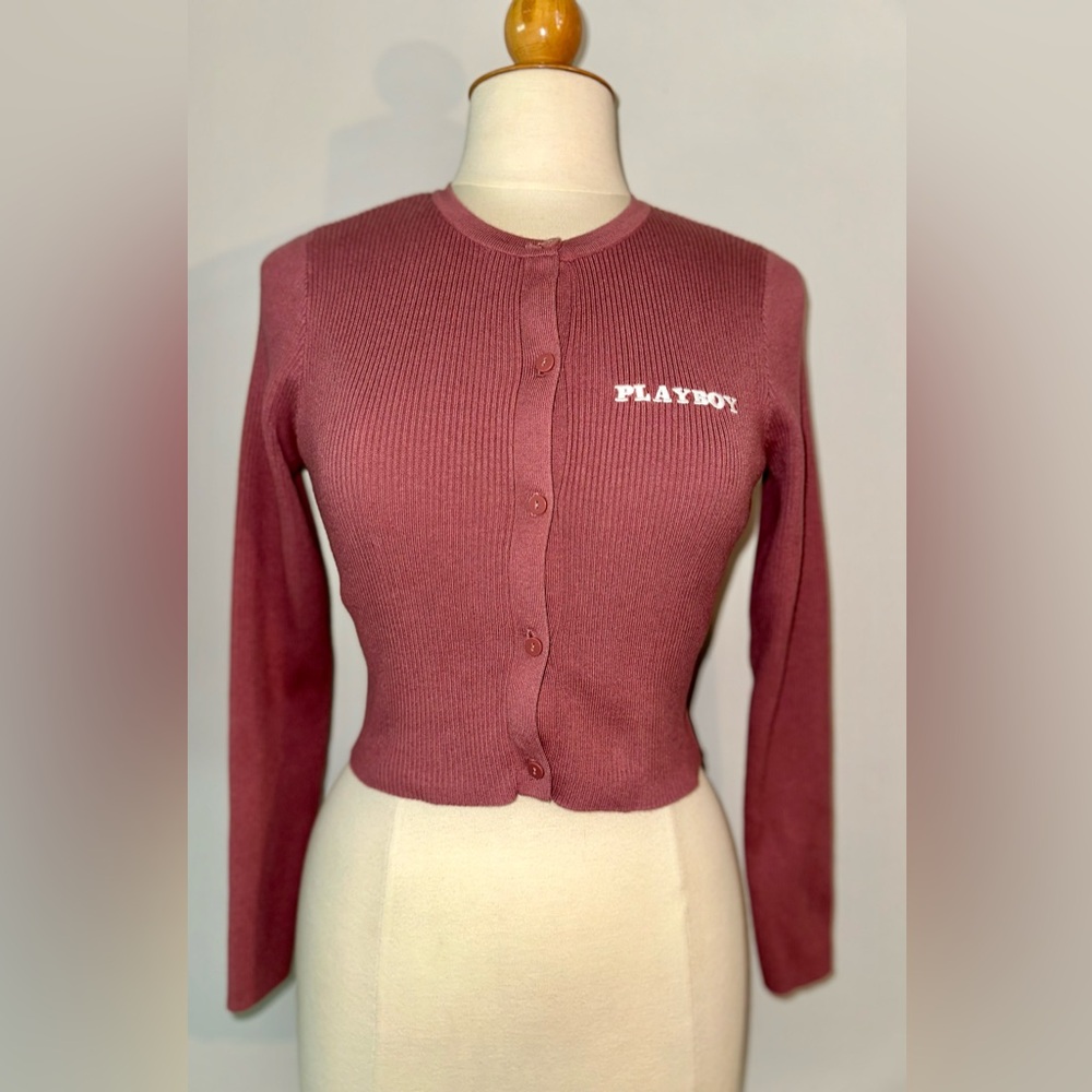 Playboy X Pacsun Women’s Ribbed Cardigan Pink Mauve Long Sleeve Size Small